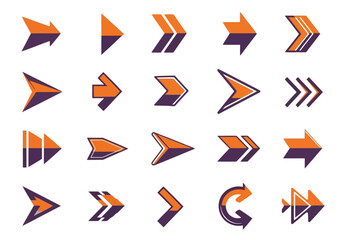 Collection of various orange and purple arrow icons isolated on white background