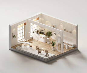 Isometric view black and white minimal cafe store interior architecture, 3d rendering digital art.	
