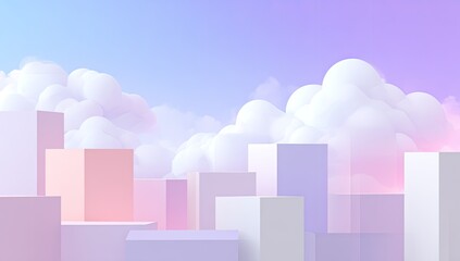 Fototapeta premium Pastel city skyline with fluffy clouds