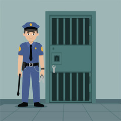 Obraz premium Illustration of a police officer standing guard outside a jail cell with bars and a metal door panel