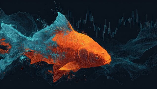 Abstract fish in motion with market data overlay
