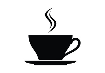 Black silhouette of a steaming hot coffee cup and saucer isolated on white background