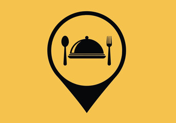 Restaurant location icon featuring a map pin with a covered dish, spoon, and fork, isolated on a yellow background