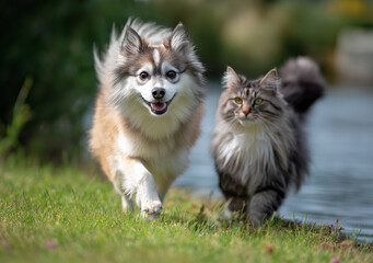 A photo of an Alaskan Klee Kai and a cat running together in the grass near water