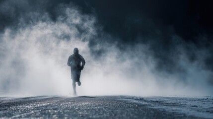 A runner running in the cold, with their breath visible as a cloud in the air. The scene is about perseverance and dedication in any weather.
