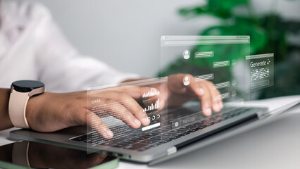 Artificial intelligence, machine learning, data analysis, and future of technology in the workplace. Person using laptop with futuristic holographic screens showing data, graphs, and chat interfaces.