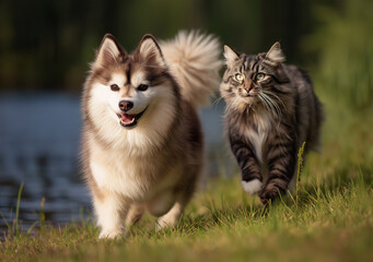 A photo of an Alaskan Klee Kai and a cat running together in the grass near water
