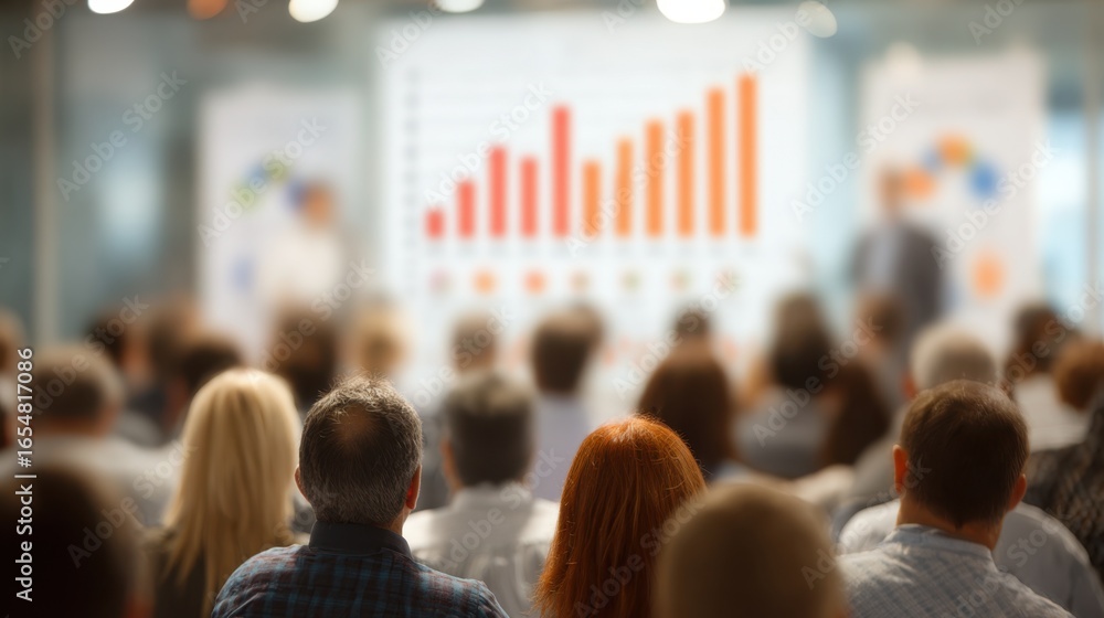 Poster audience figures and charts behind are intentionally out of focus.