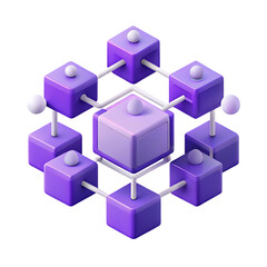 Obraz premium Abstract 3d network of interconnected purple cubes with white spheres