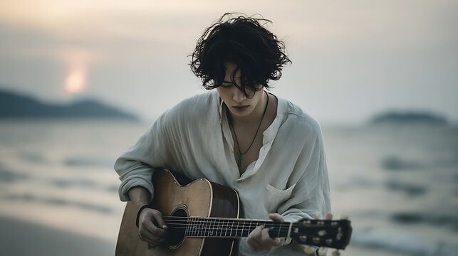 Young man playing acoustic guitar on a serene beach at sunset