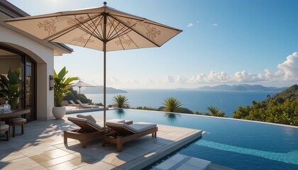 Tranquil infinity pool overlooking a serene ocean vista, featuring elegant patio furniture and a stylish sunshade.