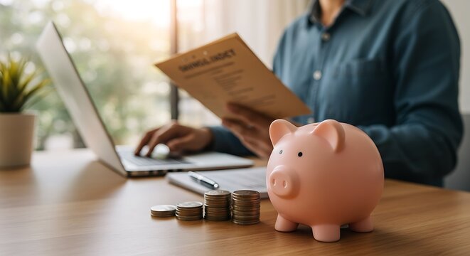 Person calculating finances with piggy bank and laptop on a wooden desk