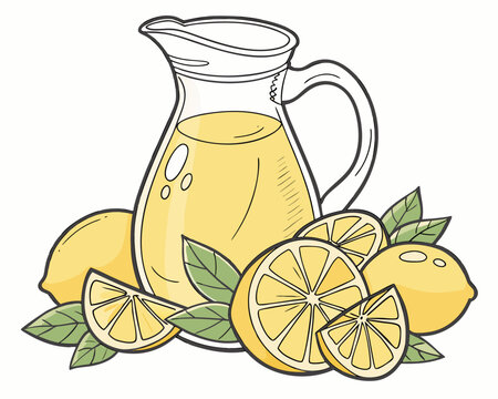 Watercolor illustration features glass pitcher filled with refreshing lemonade, garnished with lemon slices, fresh leaves