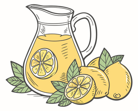Watercolor illustration features glass pitcher filled with refreshing lemonade, garnished with lemon slices, fresh leaves