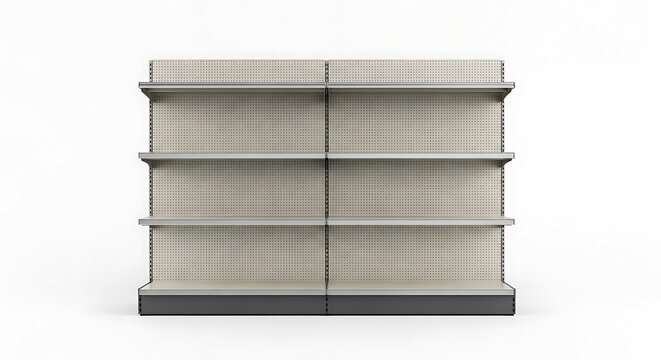 Empty supermarket shelves with pegboard backing, ready for stocking, isolated on white