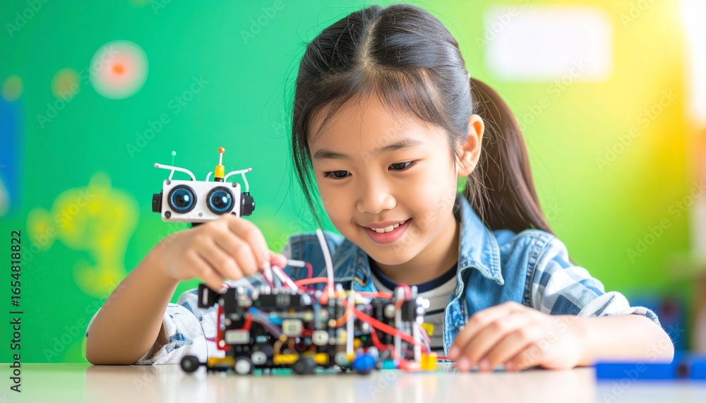 Poster young girl engrossed in building a robot, focused and happy while working on a project.