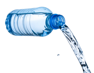 Open Water Bottle with Poured Clear Liquid Stream, isolated on transparent background PNG