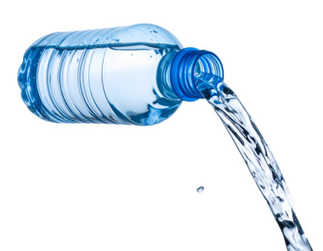 Open Water Bottle with Poured Clear Liquid Stream, isolated on transparent background PNG