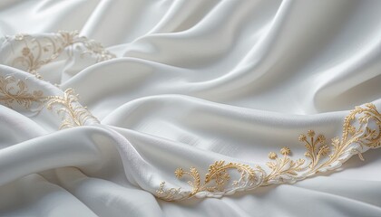 Elegant, white silk fabric with delicate gold embroidery featuring intricate floral designs.