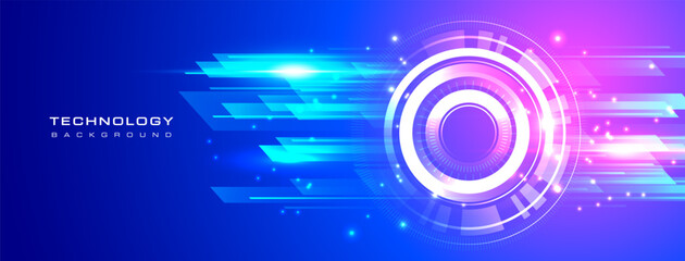 Technology vector background in horizontal design with futuristic blue ring digital light and glowing effects. Modern abstract template blue and purple gradient , websites, covers, presentations