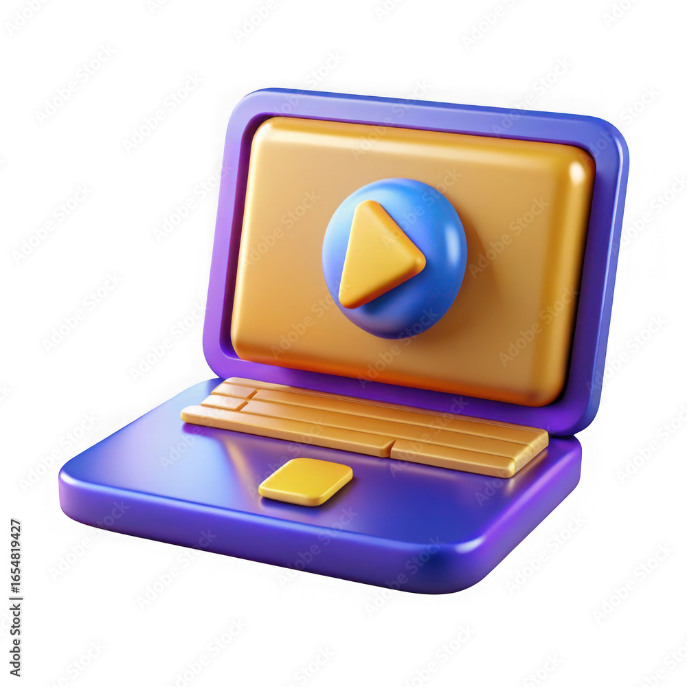 Poster purple and orange 3d laptop with play button icon on screen on black background computer technology 