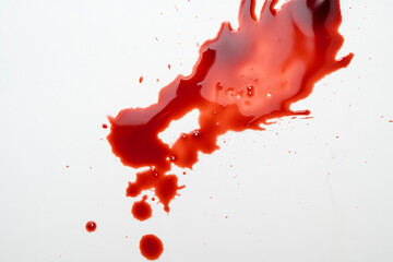 Splatters of blood drops, blood splashes, or blood spots on a white background. Concept of Halloween