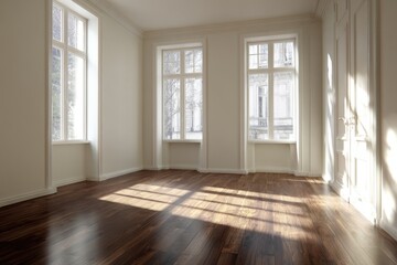 Fototapeta premium An empty, sun-drenched room with rich, wooden floors and large windows offering a view of the outdoors.