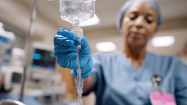 Outpatient nurse gently flushing PICC line capturing detailed sterile procedure in sharp focus against a softly blurred healthcare workspace.