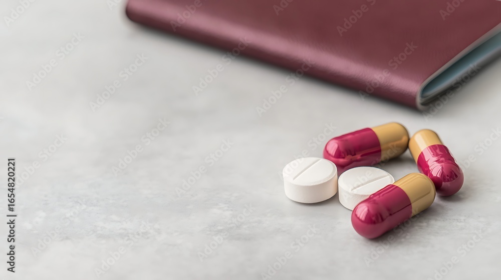 Poster a close-up of colorful capsules and tablets scattered beside a leather-bound notebook on a smooth su