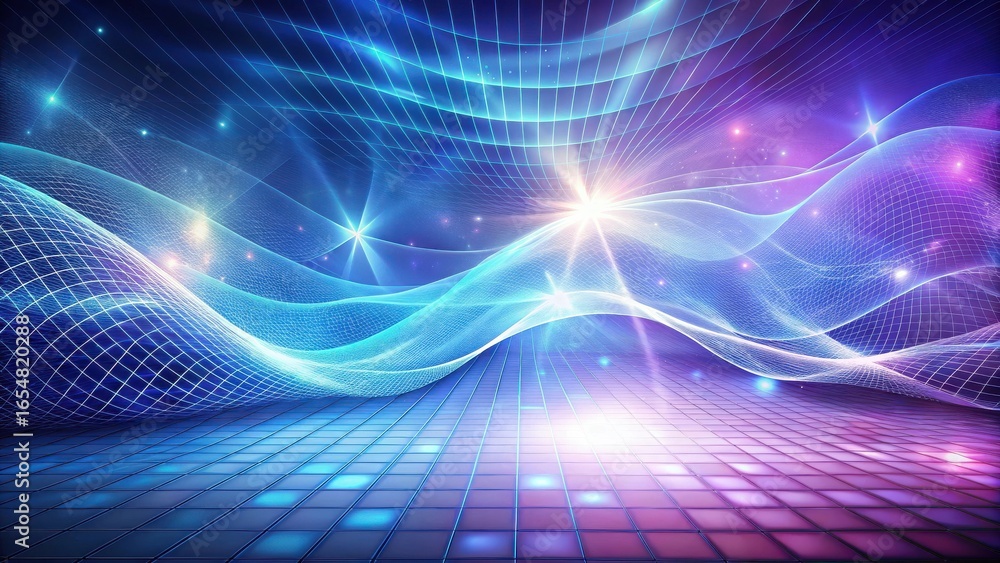 Poster abstract digital landscape flowing waves of light and grids on a tiled surface