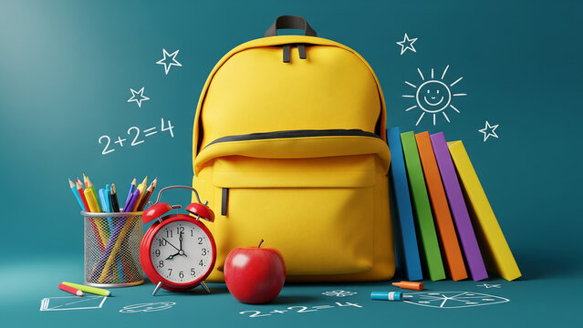 Yellow backpack with school supplies and drawings on blue background