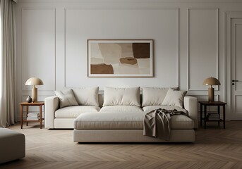 Serene Living Room Interior Design Beige Sofa Abstract Art Table Lamps and Hardwood Herringbone Floor Perfect Home Ambiance
