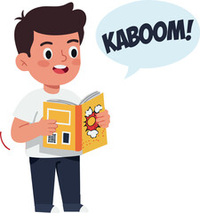 Boy Reading Comic Book Saying Kaboom Expressive Child with Book Vector Illustration 