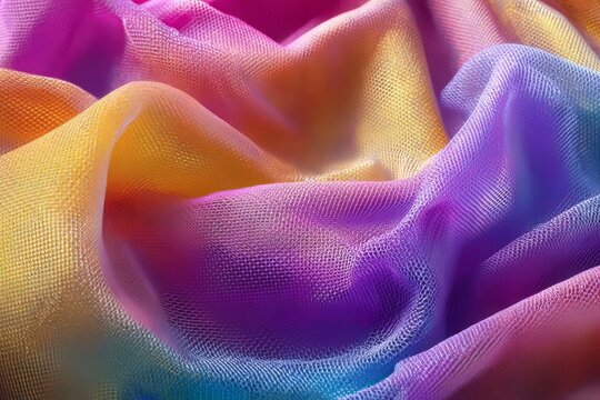A vibrant rainbow gradient of translucent fabric, displaying a delicate mesh texture.