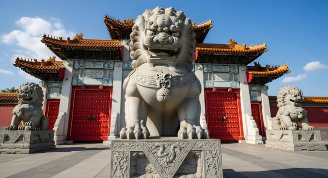 Traditional Chinese Temple Gate with Majestic Stone Guardian Lions and Ornate Architecture
