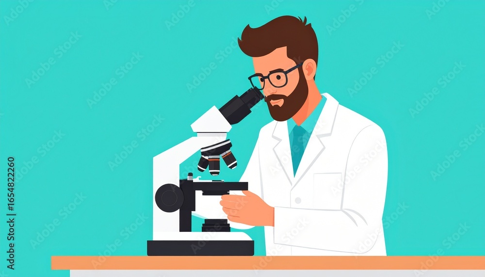 Poster a scientist intently observes a specimen under a microscope.