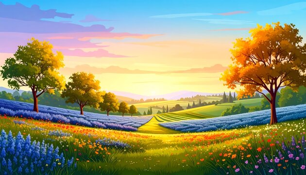 A vibrant, colorful illustration of a picturesque landscape at sunrise, featuring rolling hills, a field of lavender, and colorful wildflowers, with trees adding depth and dimension to the scene.