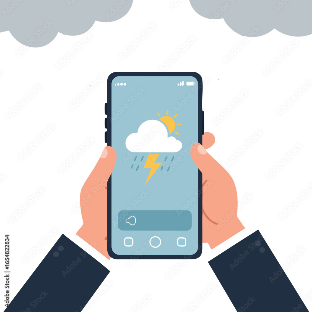 Poster weather forecast application on smartphone display with rain and lightning symbols in hands