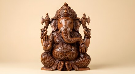 Intricately Carved Wooden Ganesha Statue on Neutral Background, Hindu Deity and Symbol of Wisdom
