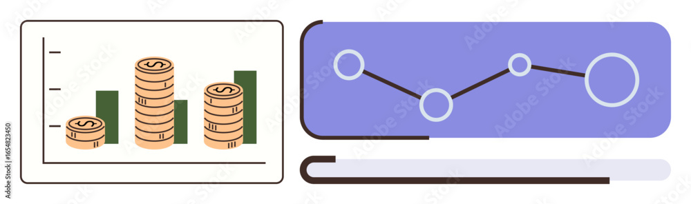 Poster bar graph with coin stacks indicating financial growth and analytics graph tracking performance tren