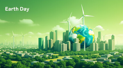 **Green city skyline with eco-friendly rooftops and wind turbines with copy space, Earth Day sustainability concept**  
