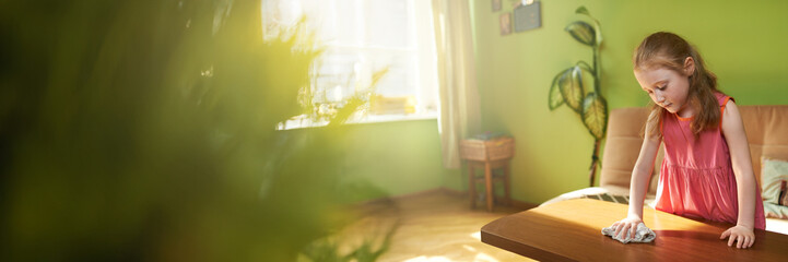 Girl Cleaning Living Room Wide Banner with Copy Space
