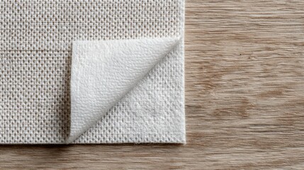 Fototapeta premium Close-up of white textile fabric with folded corner on wooden surface