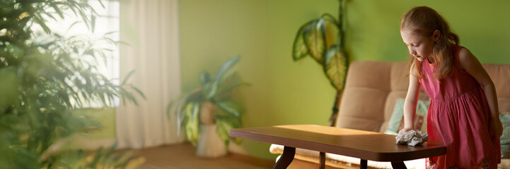 Girl Cleaning Table in Cozy Living Room Wide Banner