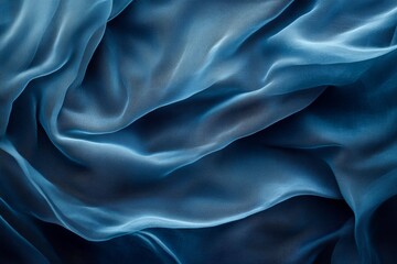 Fototapeta premium A close-up view of a smooth, flowing, deep blue silk fabric with soft, elegant drapes and folds, showcasing a rich and subtle color gradient.