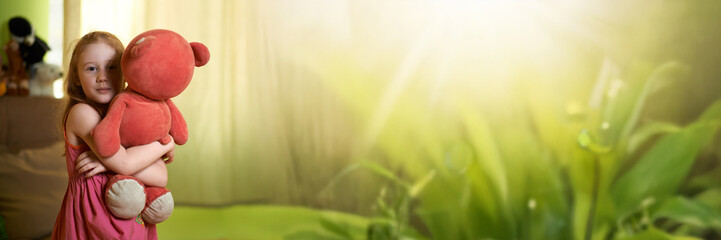 Child with Teddy Bear in Sunny Wide Banner with Copy Space