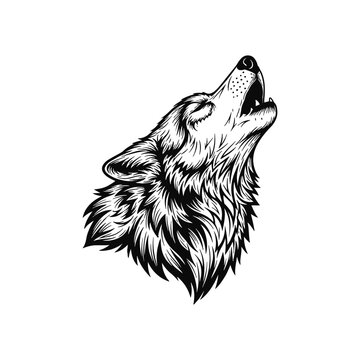 Black and white illustration of a howling wolf head.