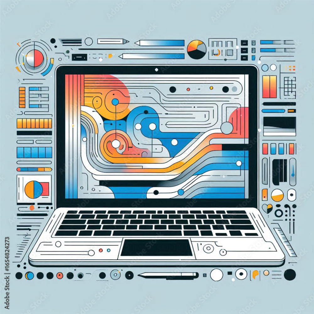 Poster illustrative design of a laptop surrounded by colorful data visualization elements and tools