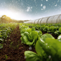 Fresh green lettuce grows in rows under irrigation, with water droplets sparkling in the sunlight near a greenhouse.