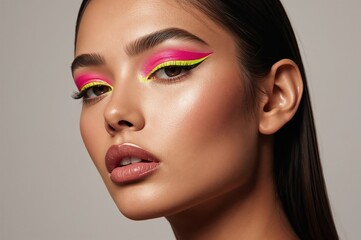 Fashion portrait highlights bold neon eyeliner with flawless skin and studio lighting